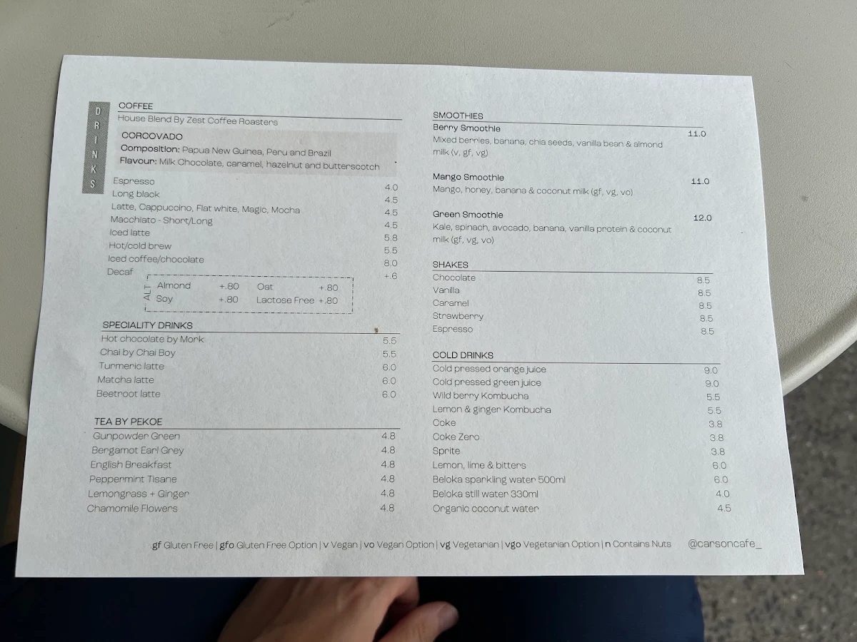 Menu, Carson