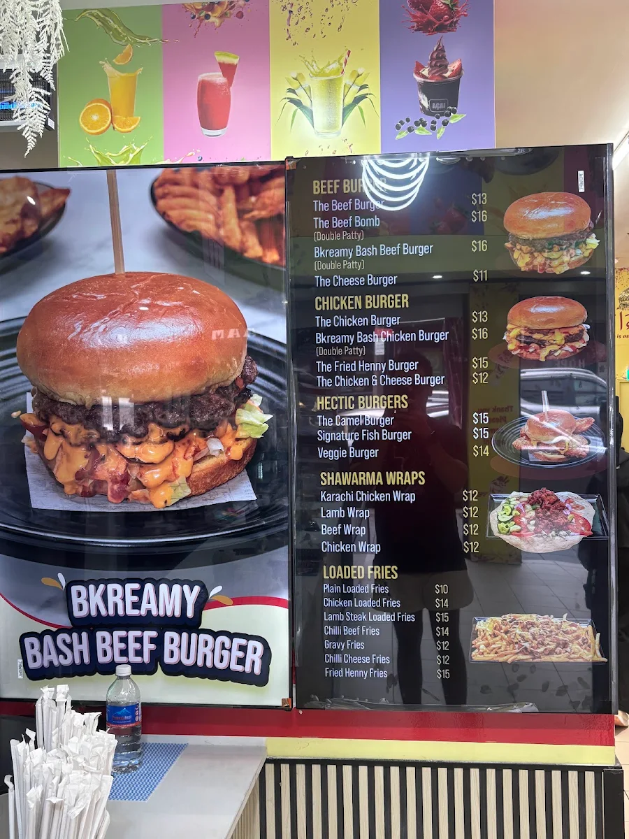 Menu, BKreamy Juice Desserts and Burgers