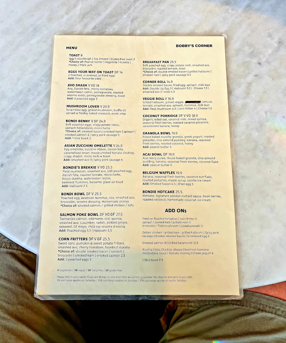 Menu, G’day Bondi Cafe
