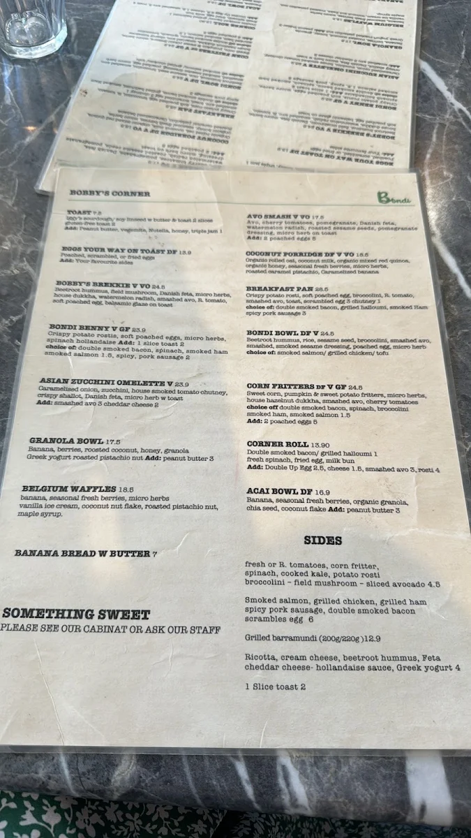 Menu, G’day Bondi Cafe