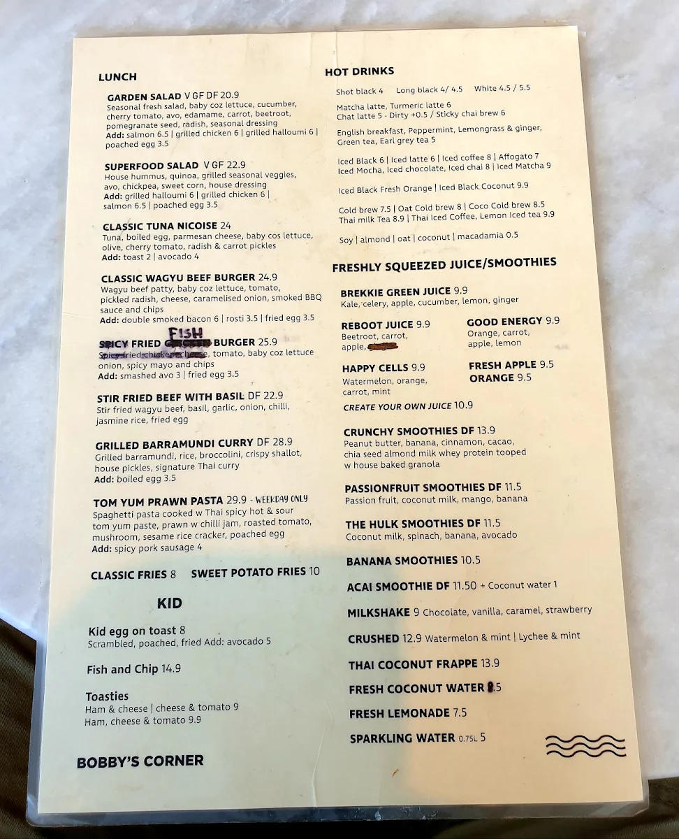 Menu, G’day Bondi Cafe
