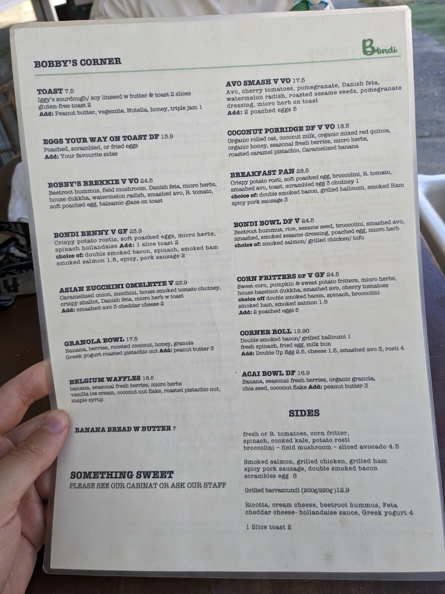 Menu, G’day Bondi Cafe