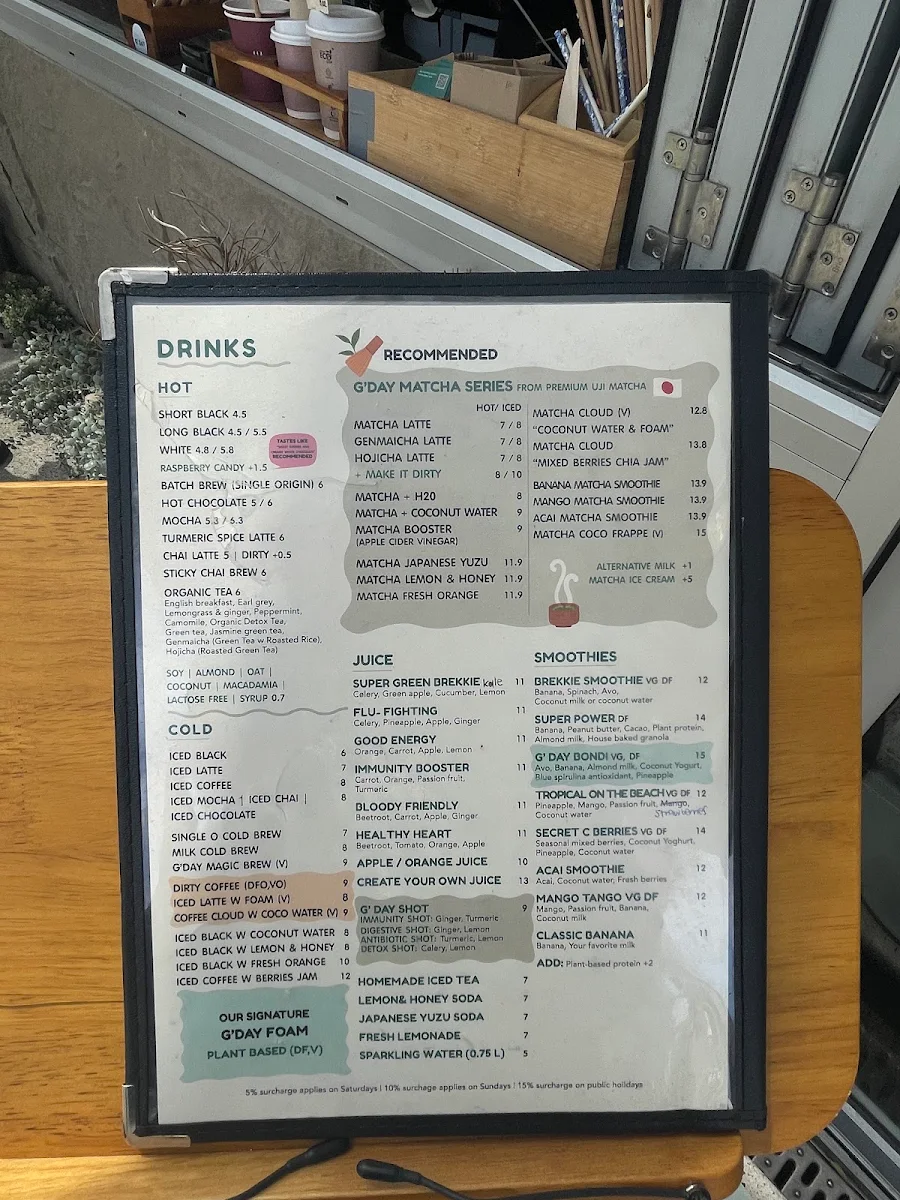 Menu, G’day Bondi Cafe