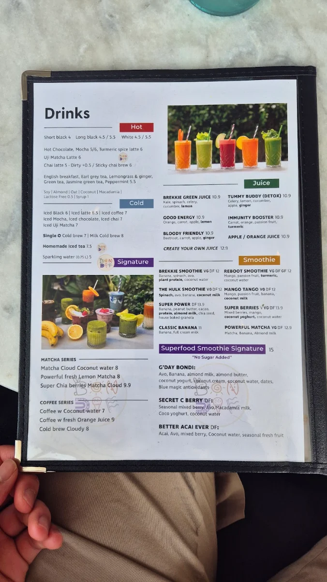 Menu, G’day Bondi Cafe
