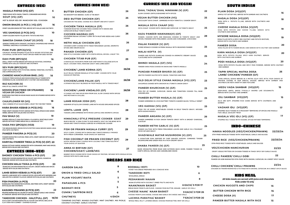 Menu, Old Monk Modern Indian