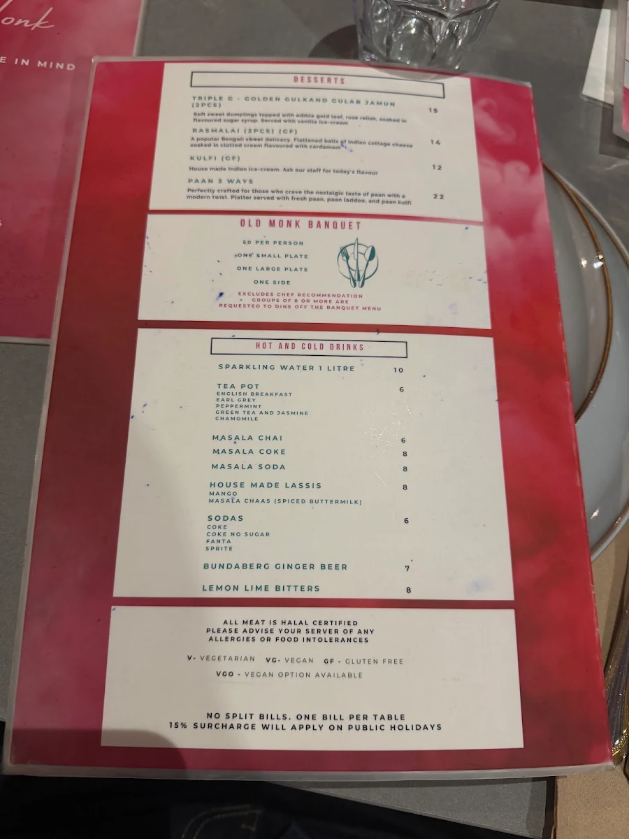 Menu, Old Monk Modern Indian