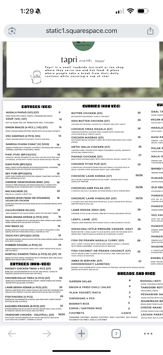 Menu, Old Monk Modern Indian