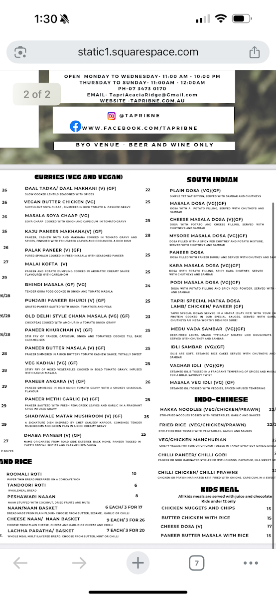 Menu, Old Monk Modern Indian