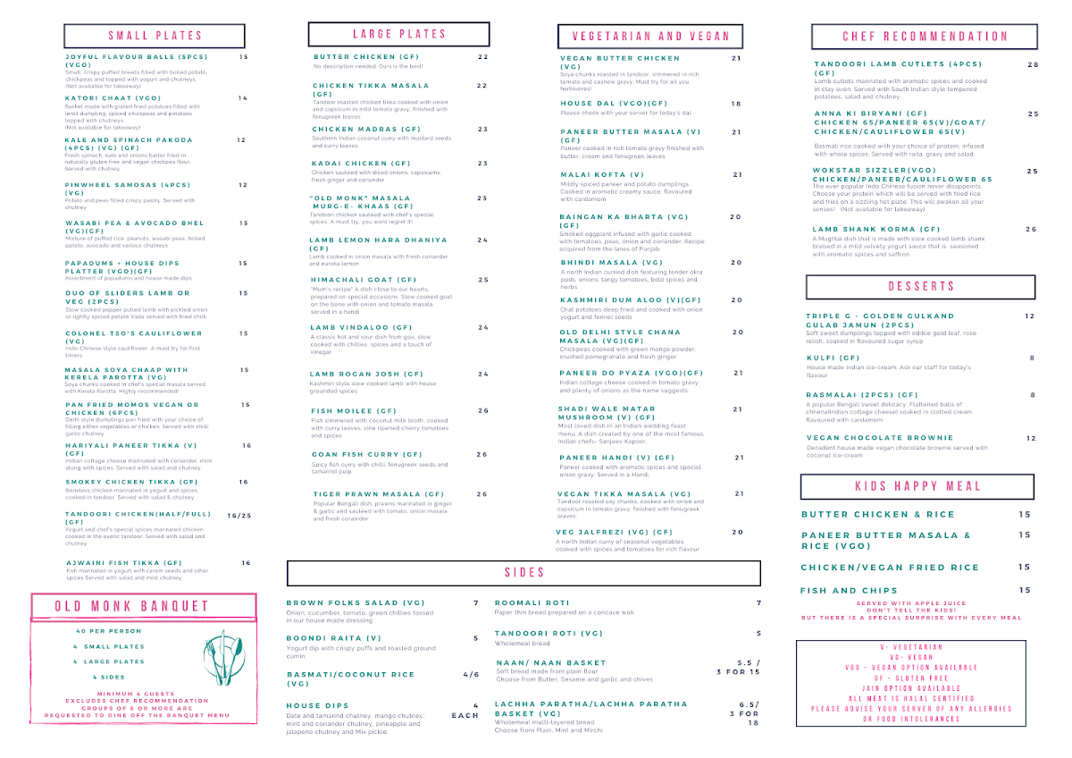 Menu, Old Monk Modern Indian