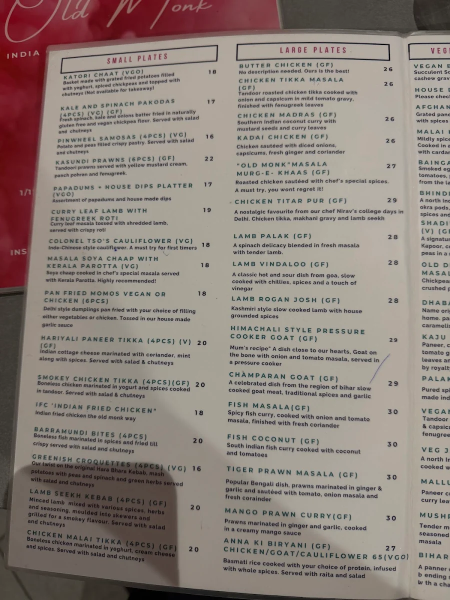 Menu, Old Monk Modern Indian