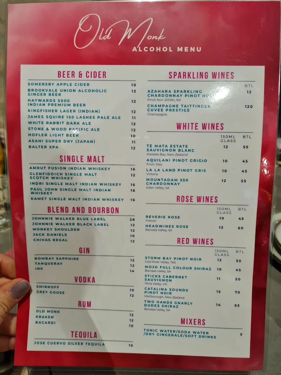 Menu, Old Monk Modern Indian