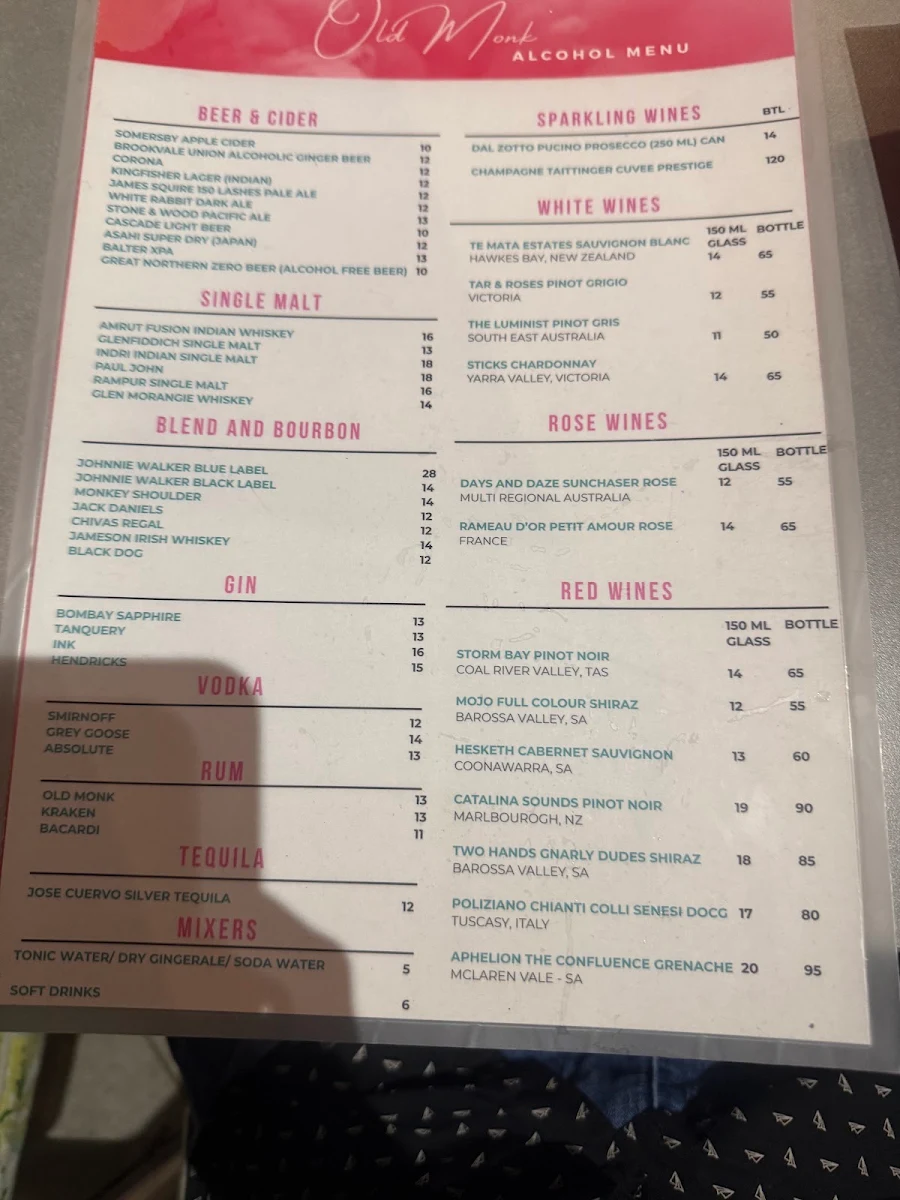 Menu, Old Monk Modern Indian