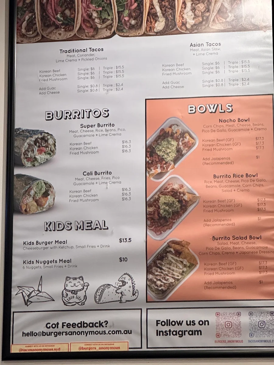 Menu, Burgers Anonymous x Tacos Anonymous Balmain