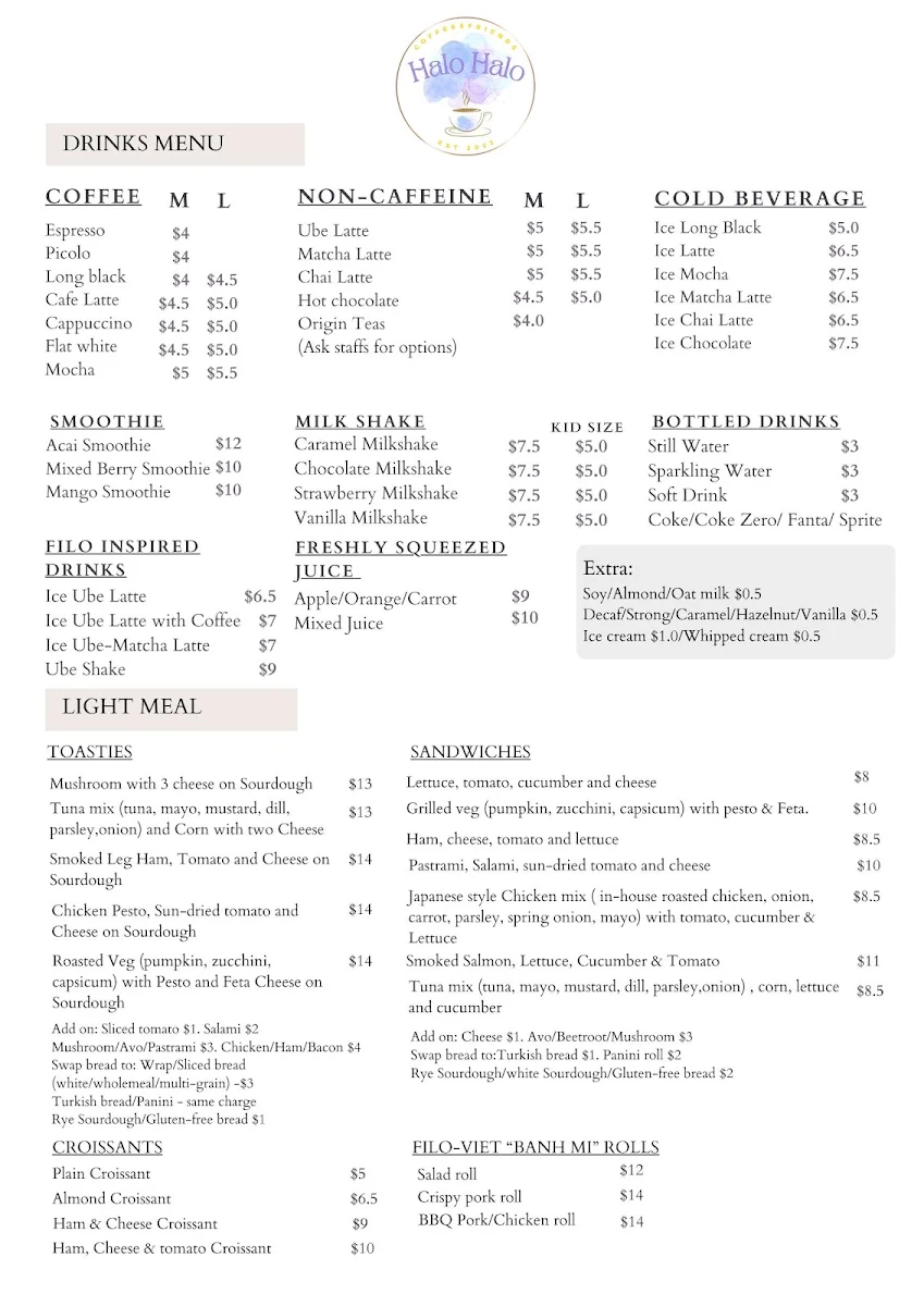 Menu, Halo Halo Cafe