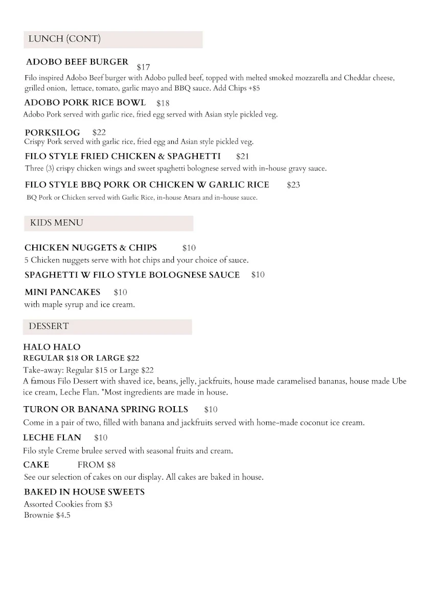 Menu, Halo Halo Cafe