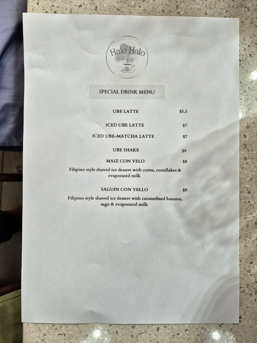 Menu, Halo Halo Cafe