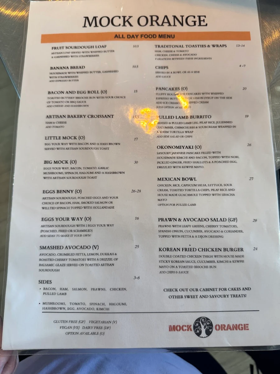 Menu, Mock Orange Cafe