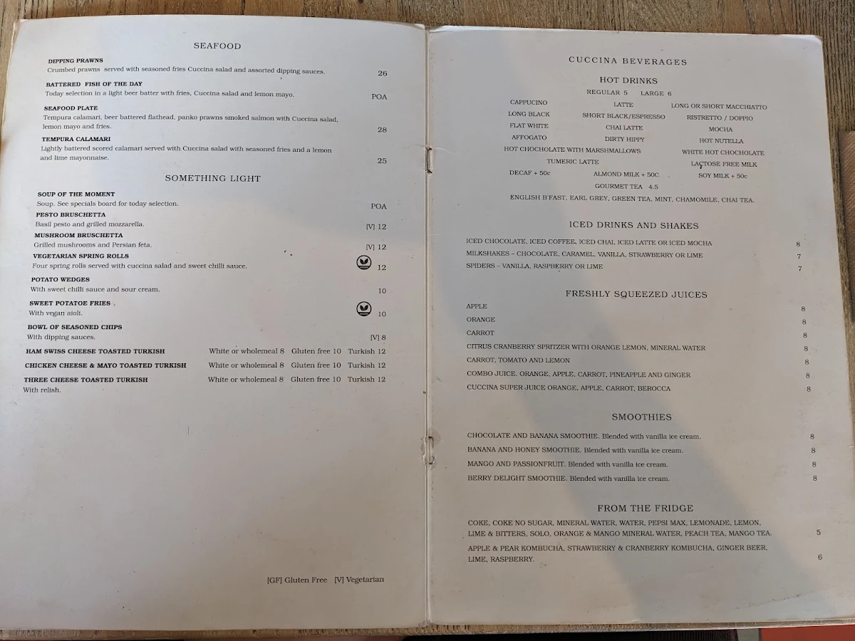 Menu, Cuccina Cafe Restaurant