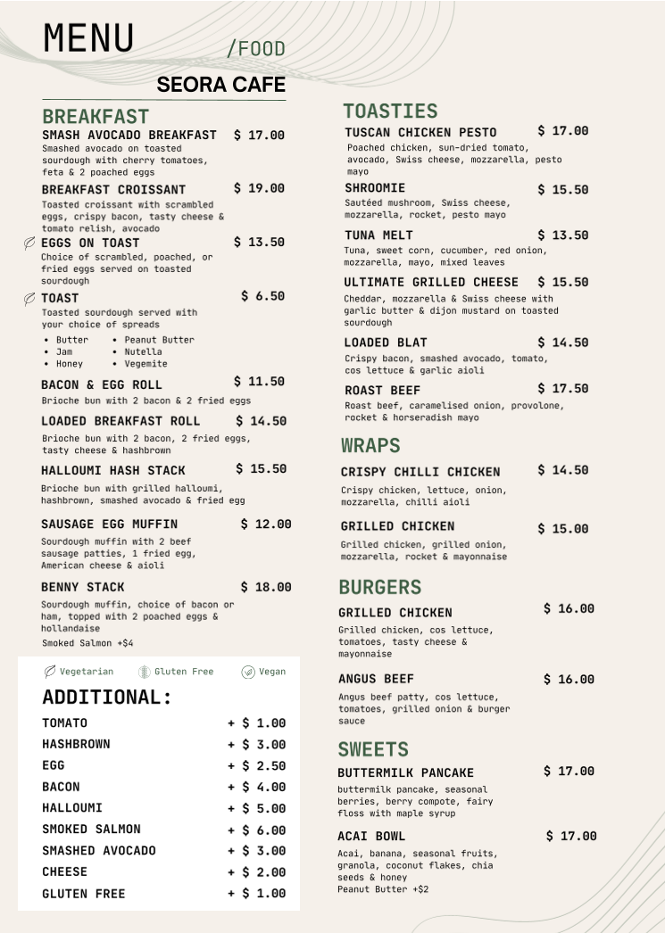 Menu, Seora Café