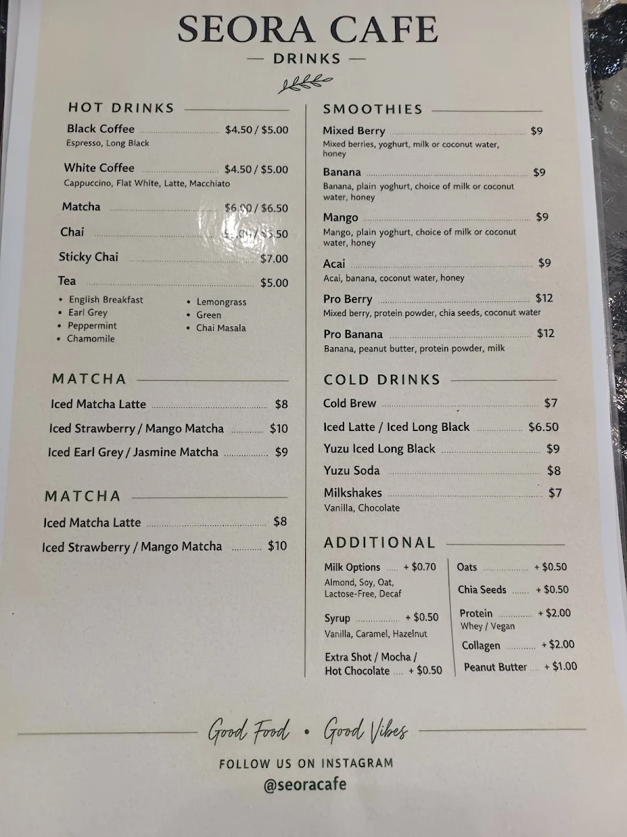 Menu, Seora Café