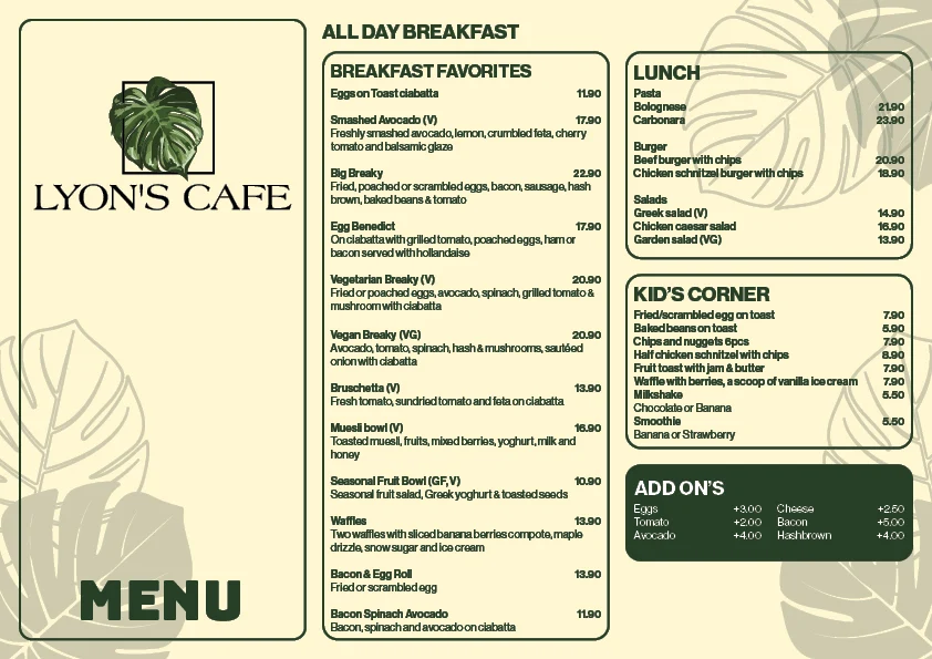 Menu, Lyons Cafe