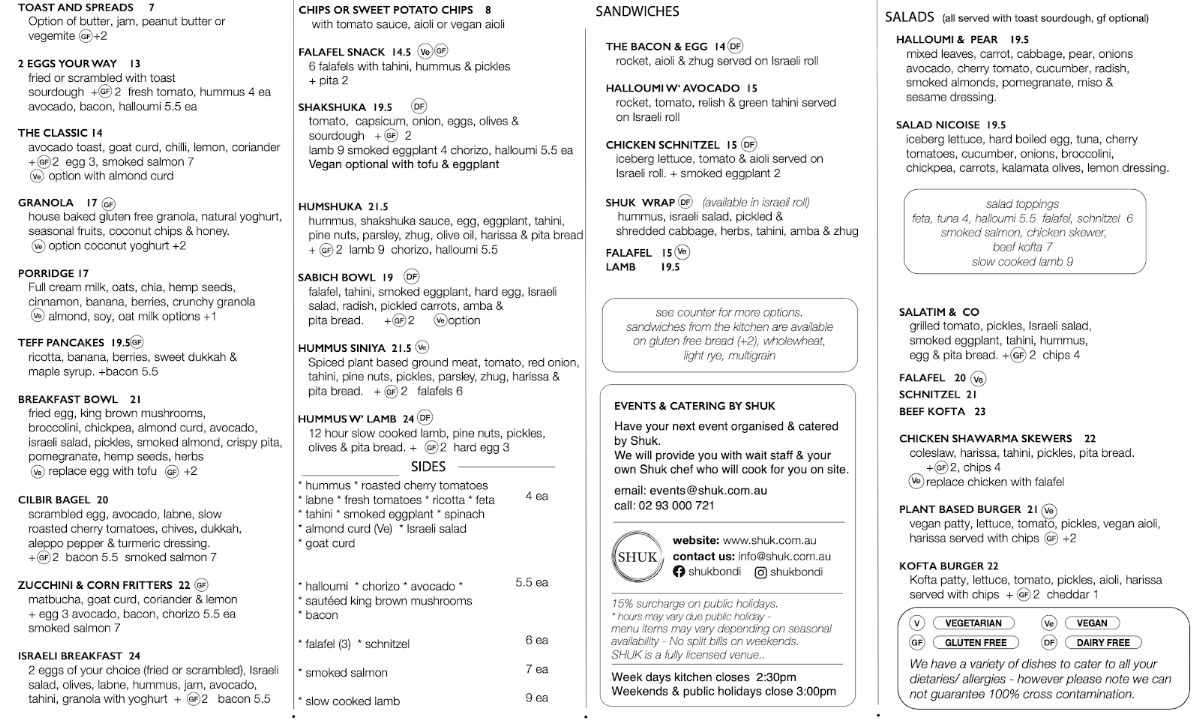 Menu, Shuk Bondi