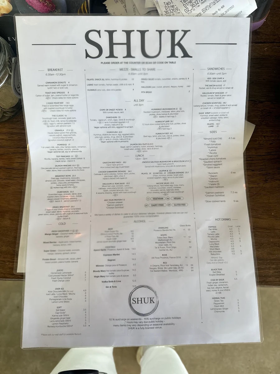 Menu, Shuk Bondi