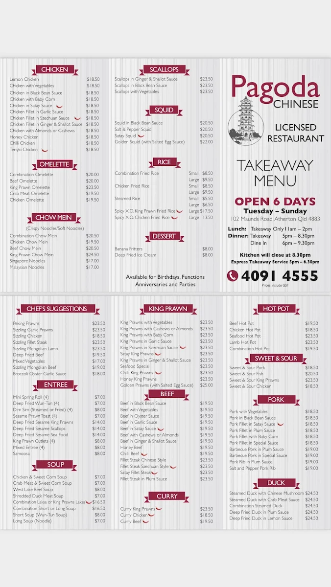 Menu, Pagoda Chinese Restaurant