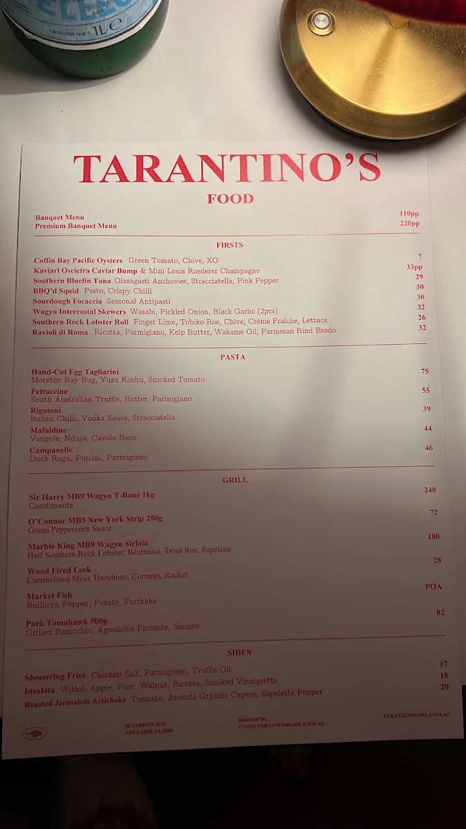 Menu, Tarantino's Adelaide