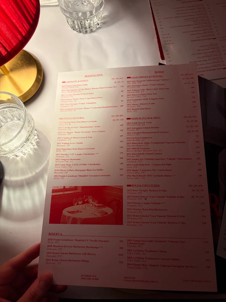 Menu, Tarantino's Adelaide