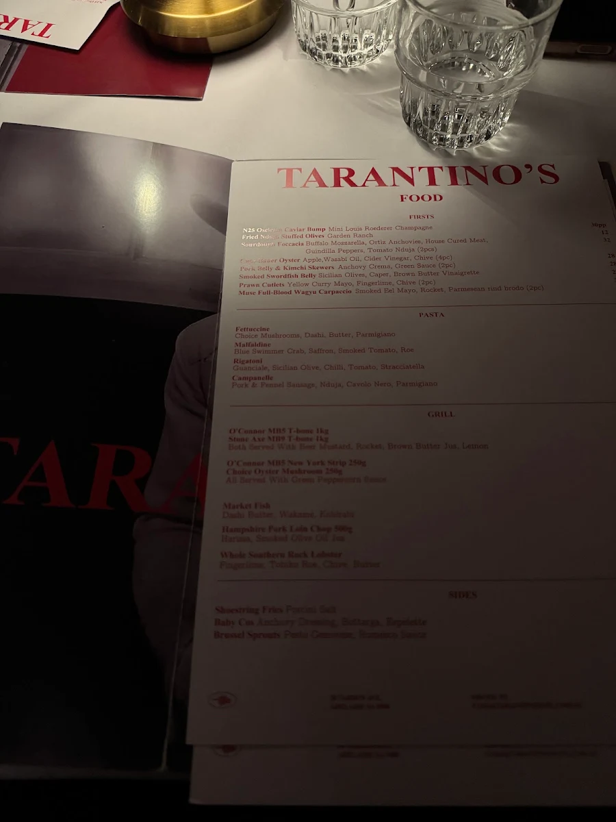 Menu, Tarantino's Adelaide
