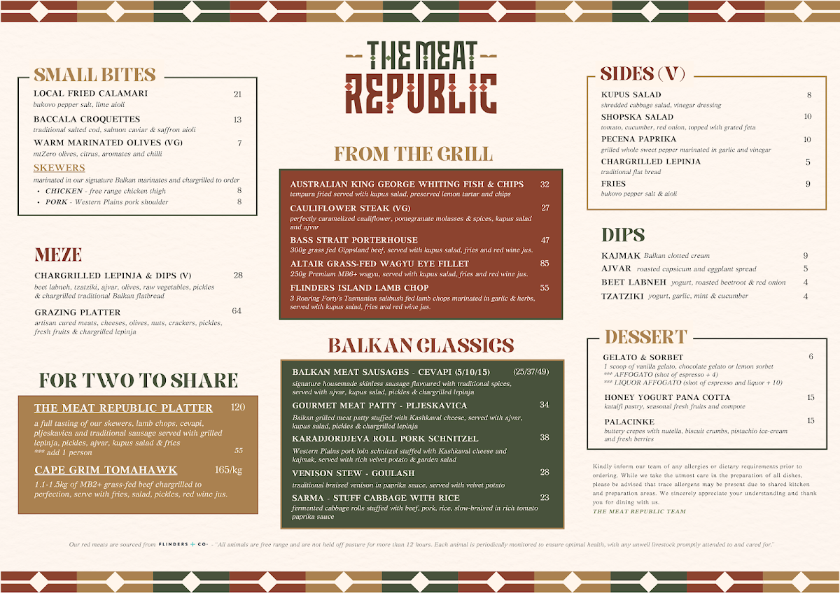 Menu, The Meat Republic