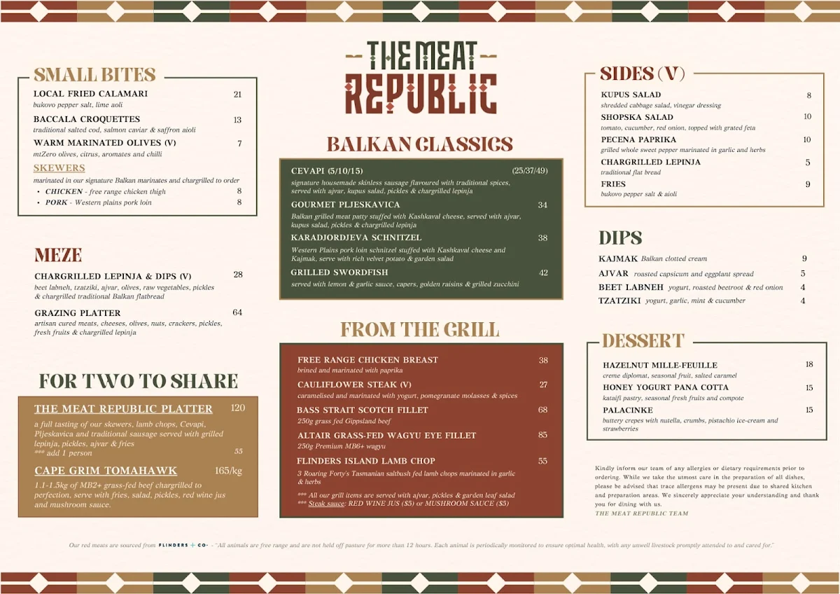 Menu, The Meat Republic