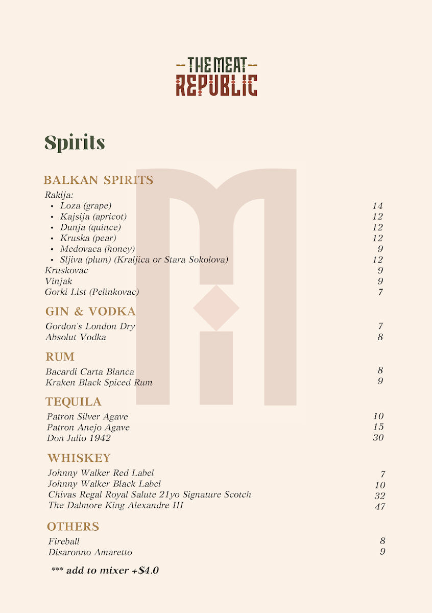 Menu, The Meat Republic