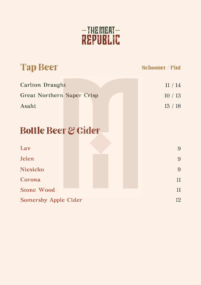 Menu, The Meat Republic