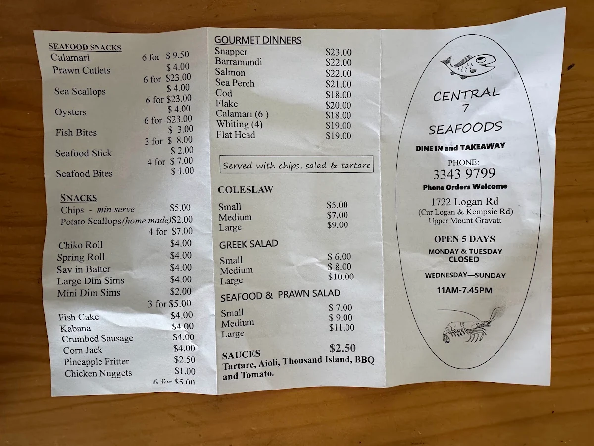 Menu, Central 7 Seafood And Takeaway