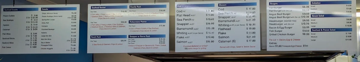 Menu, Central 7 Seafood And Takeaway