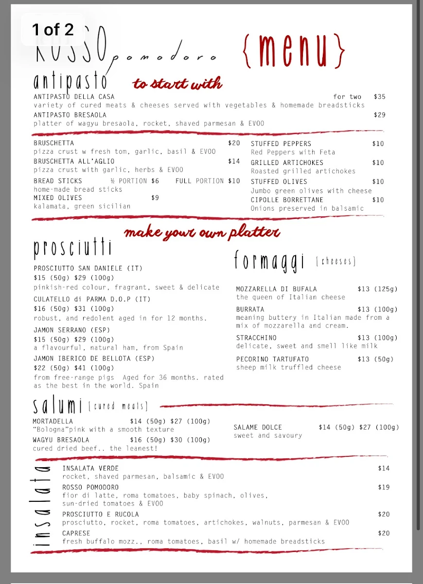 Menu, Rosso Pomodoro Bondi Junction