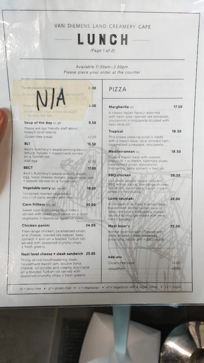 Menu, Van Diemens Land Creamery Elizabeth Town