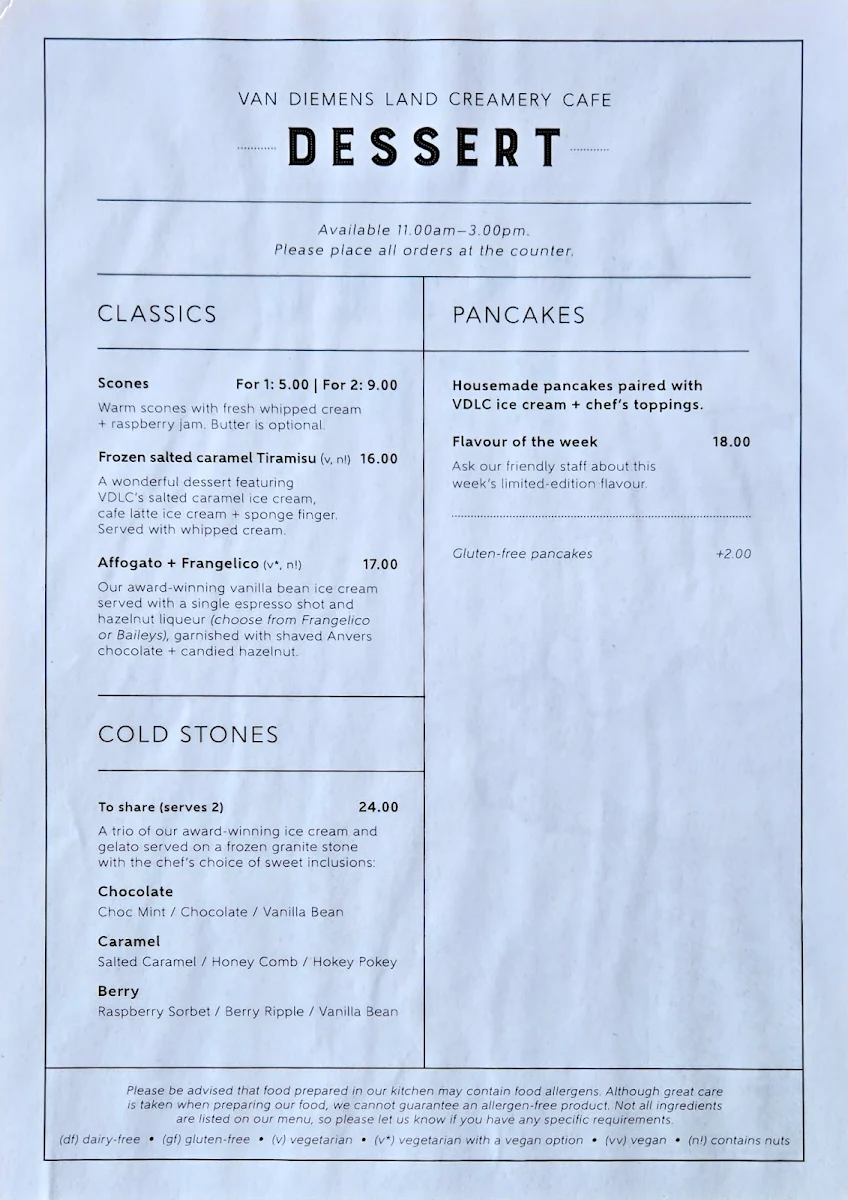 Menu, Van Diemens Land Creamery Elizabeth Town