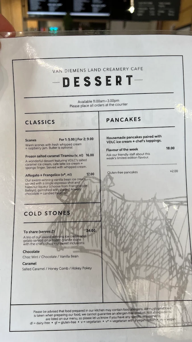 Menu, Van Diemens Land Creamery Elizabeth Town