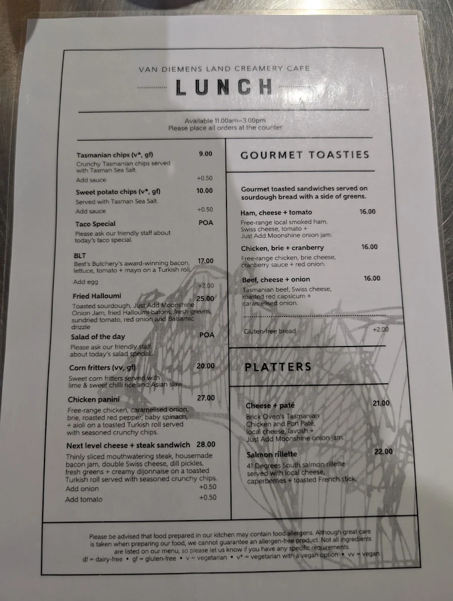 Menu, Van Diemens Land Creamery Elizabeth Town
