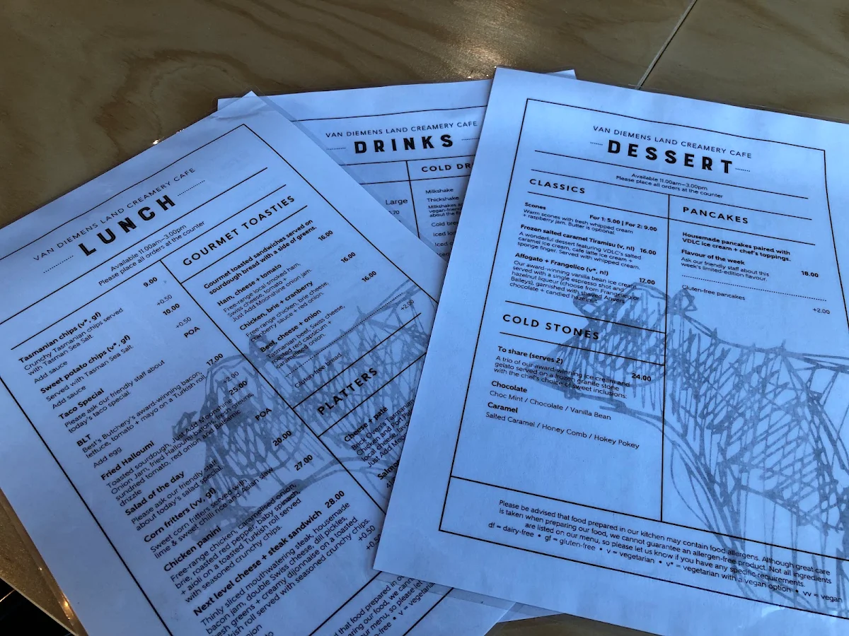 Menu, Van Diemens Land Creamery Elizabeth Town