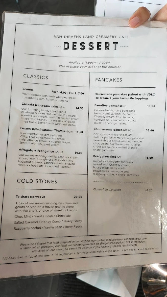 Menu, Van Diemens Land Creamery Elizabeth Town