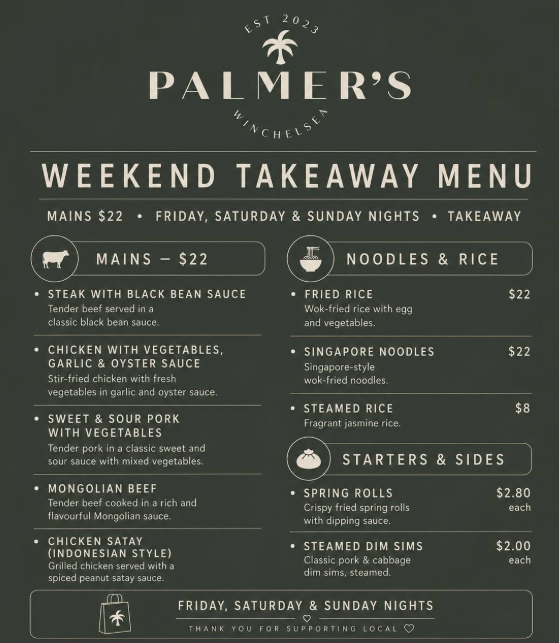 Menu, Palmer’s Winchelsea