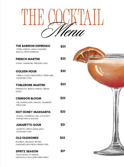 Menu, Palmer’s Winchelsea