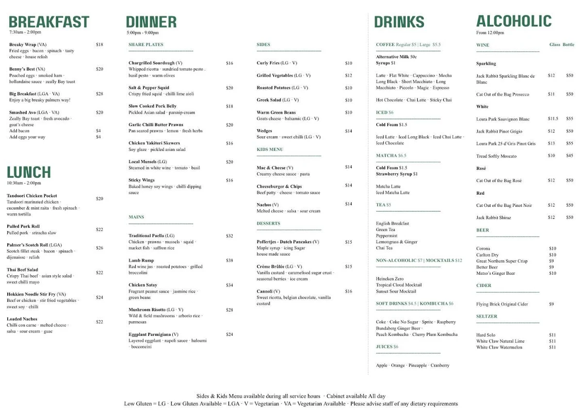 Menu, Palmer’s Winchelsea