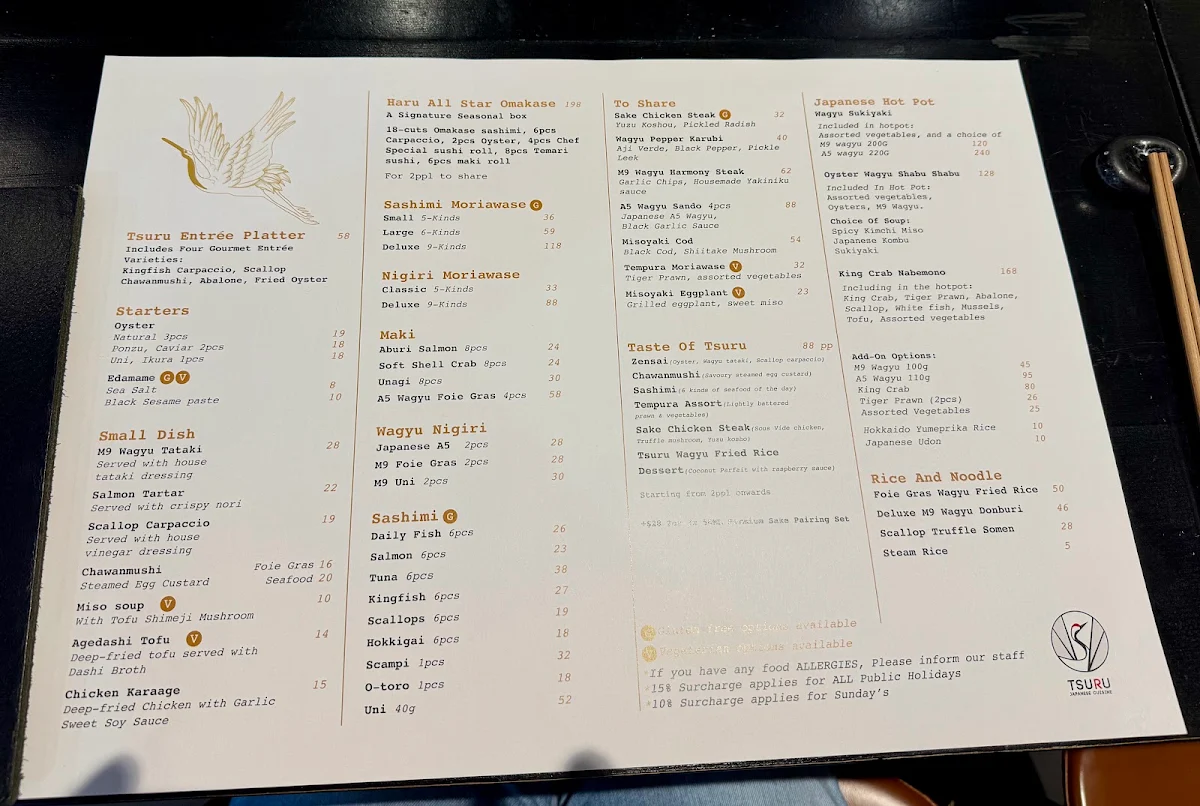 Menu, Tsuru Japanese Restaurant