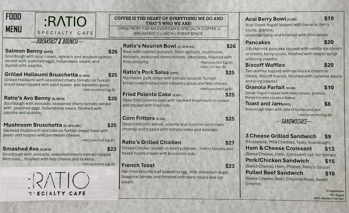 Menu, Ratio Specialty Cafe