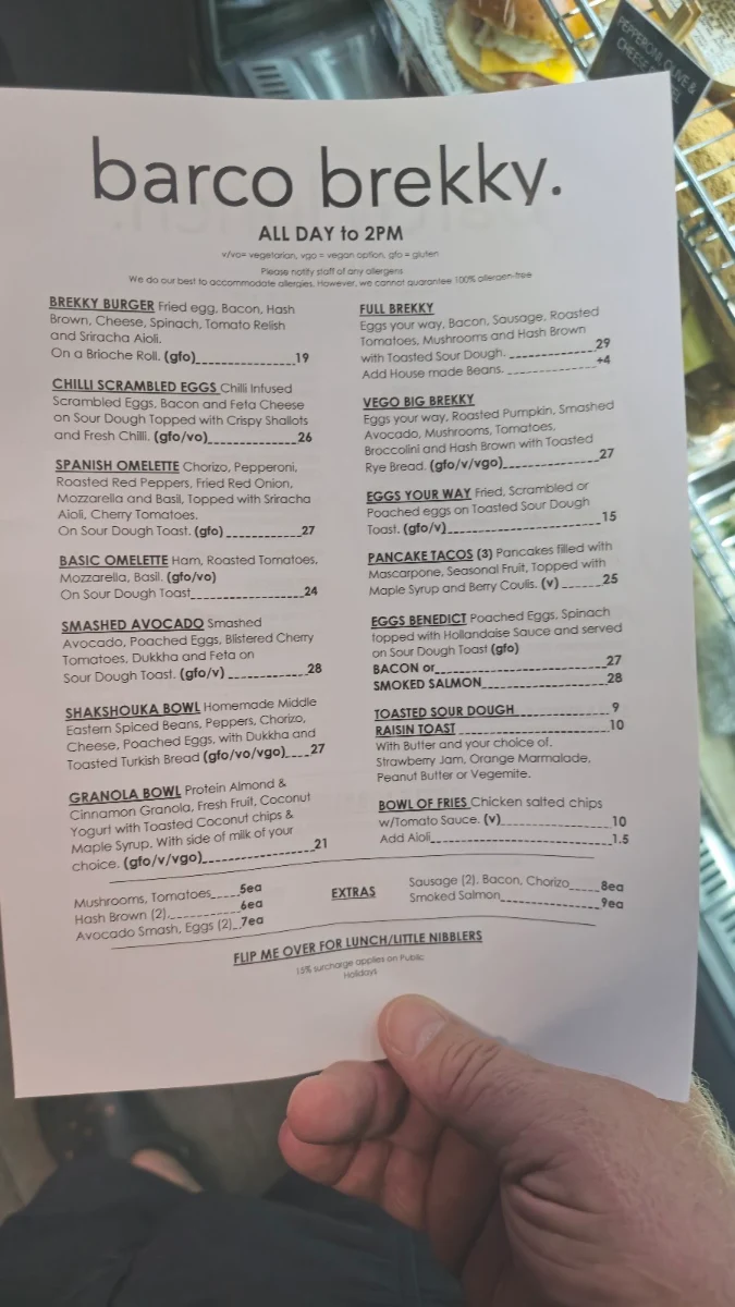 Menu, Café Barco